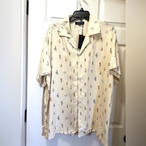 Windward Men’s Button Up Short Sleeve Shirt Beige Cactus Print - Size L